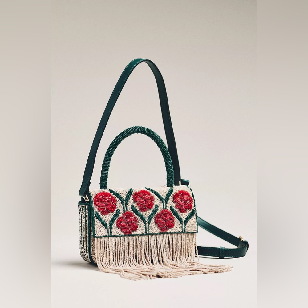 Anthropologie BEADED FRINGE FLORAL TOP-HANDLE BAG Style 100142504 Green Floral